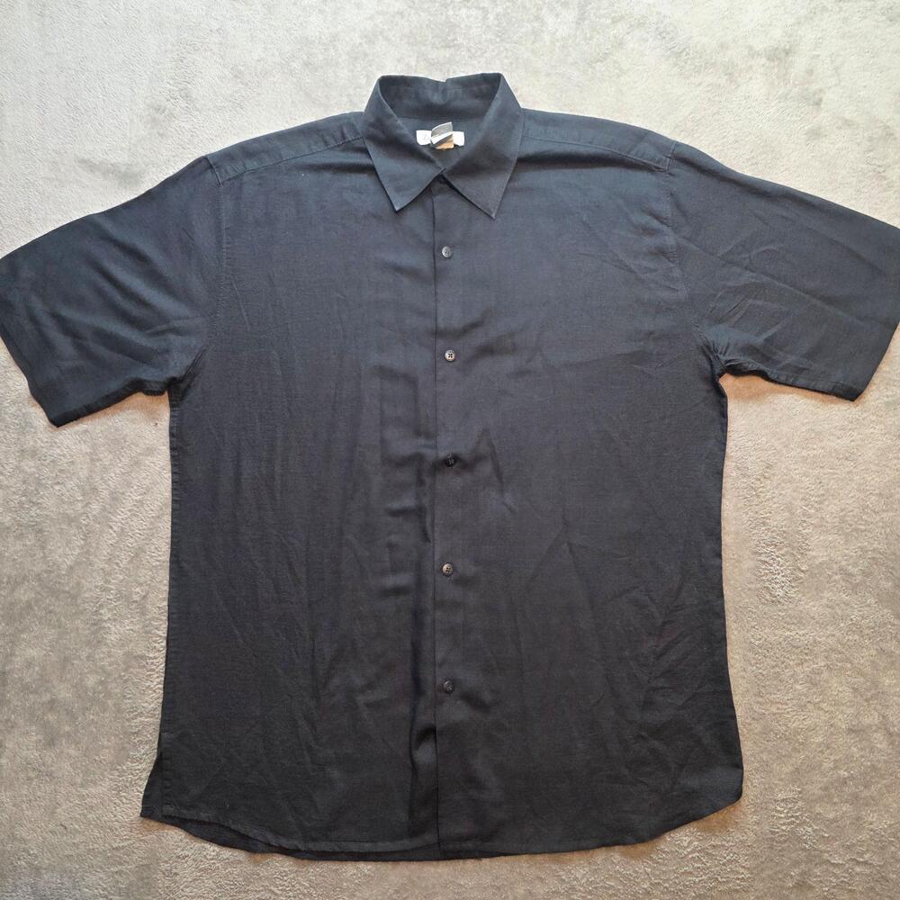 Zegna Sport Button Up Shirt Mens L Black Linen Cotton Short Sleeve Casual